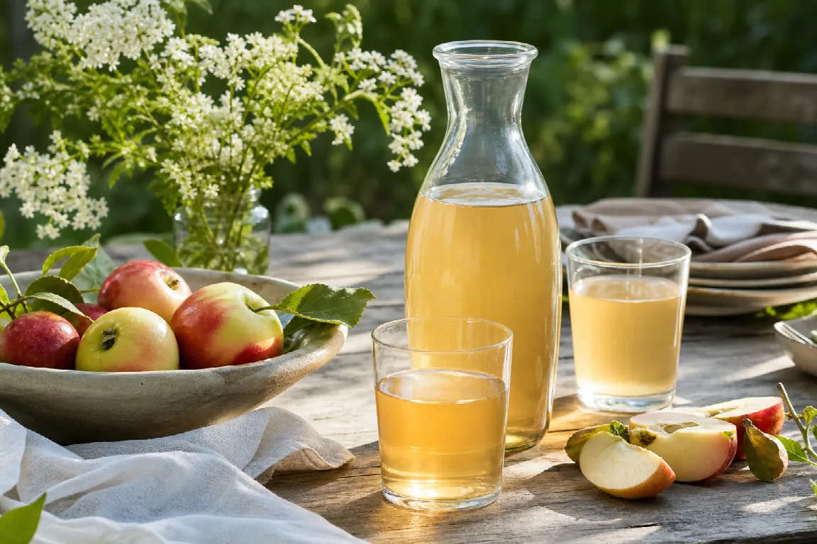 Glas alkoholfri cider bredvid äpplen och en ostbricka