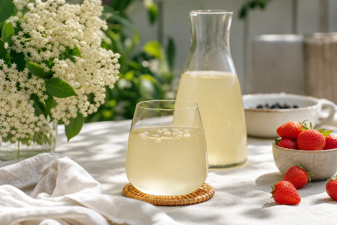 Flaska flädersaft med färska fläderblommor och citron