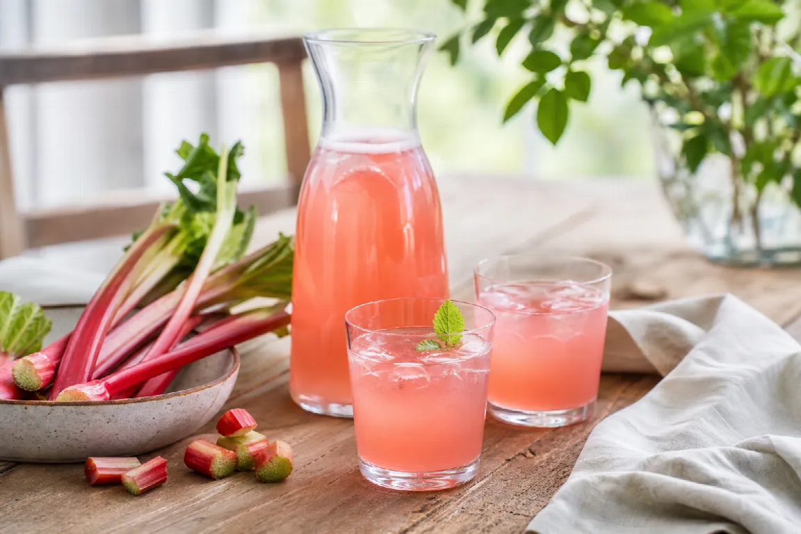 Glas rabarbersaft med rabarberstjälkar och citron