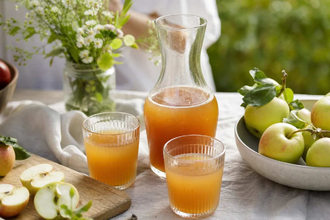 Uppdukning med olika svenska skördedrycker, frukt och bär