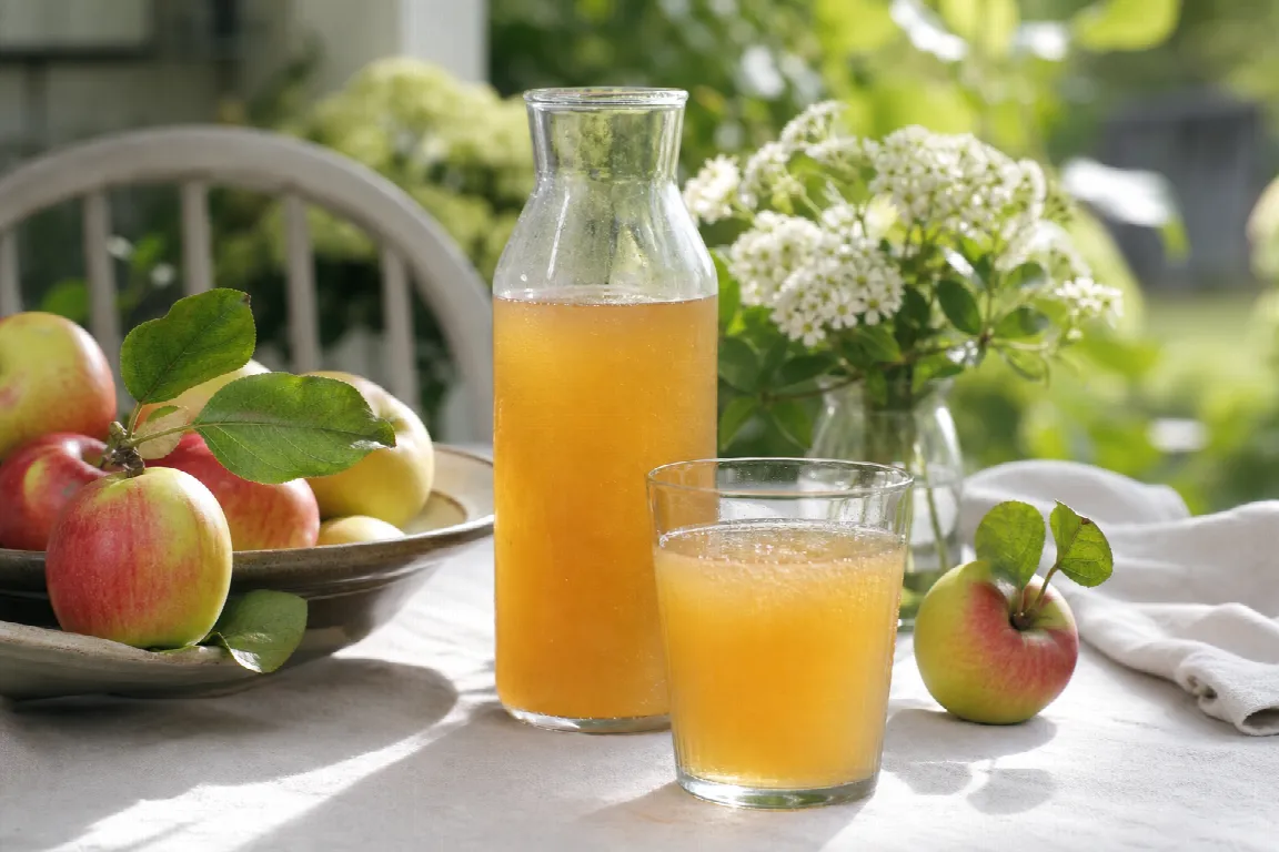 Glas med svensk äppelmust bredvid nypressade äpplen