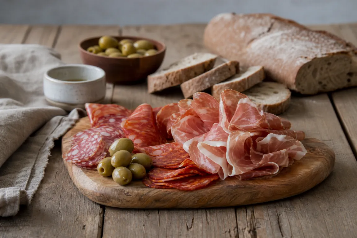 Uppdukad charkbricka med olika sorters skinka, salami och tillbehör