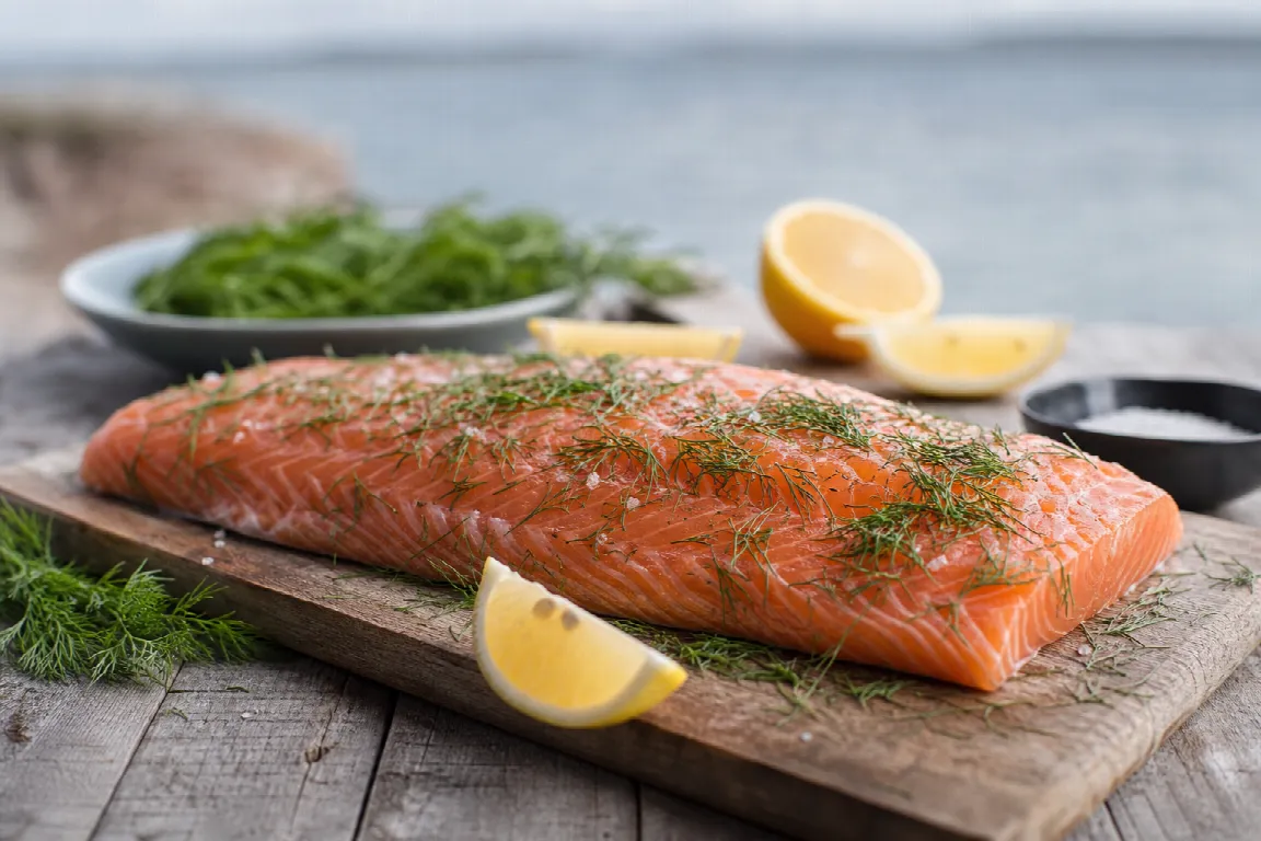 Skivad gravlax med dill upplagd på ett träfat