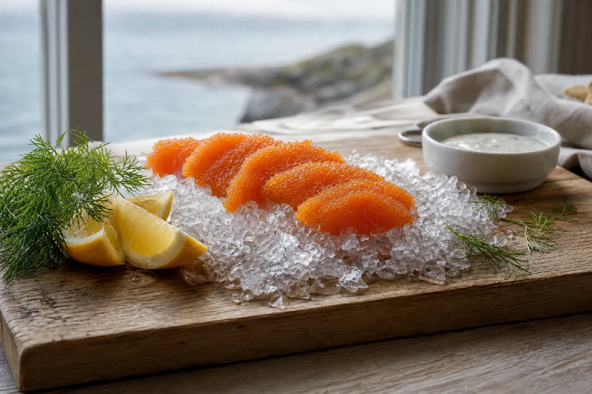 Burk med löjrom serverad med rödlök och gräddfil