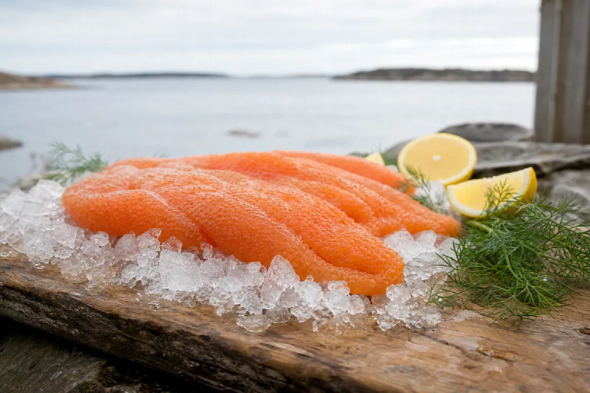 Röd stenbitsrom serverad på knäckebröd med rödlök