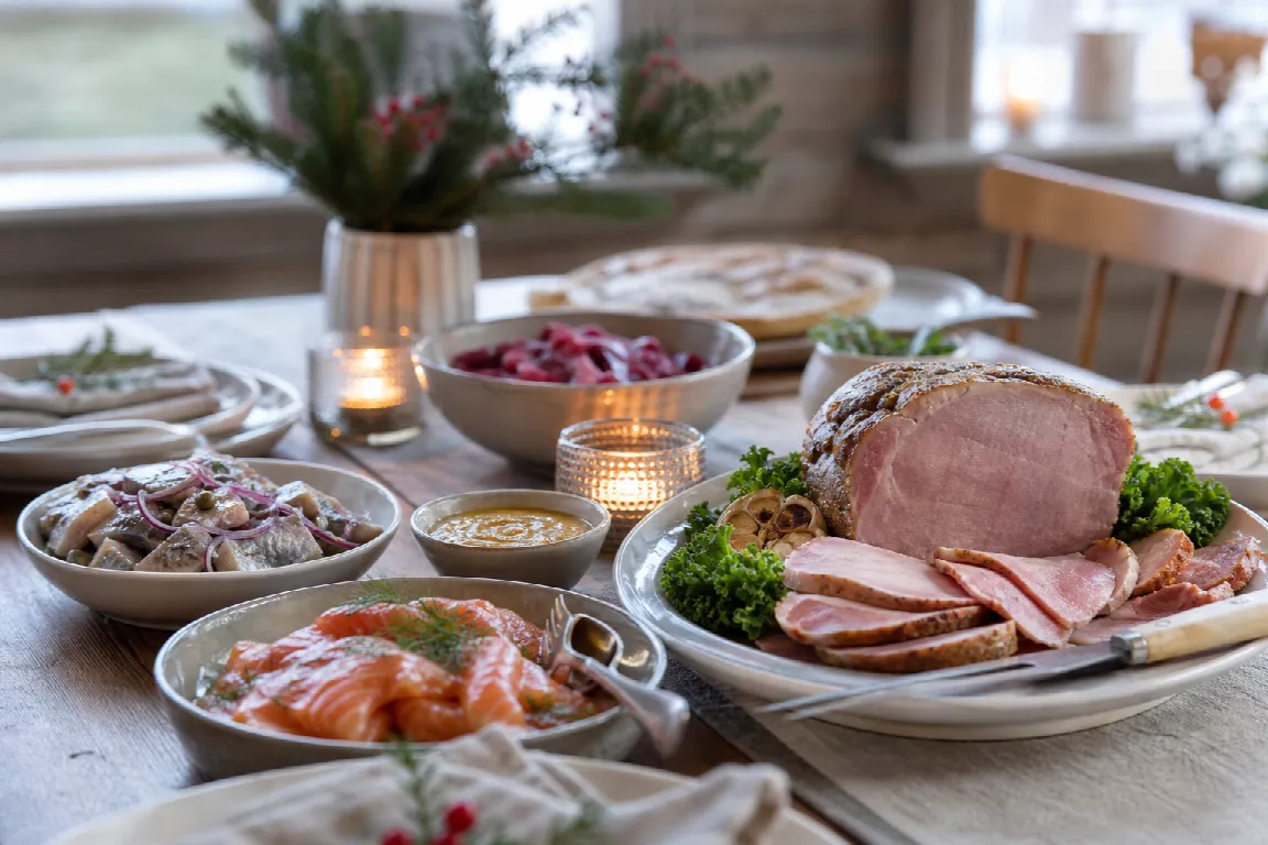 Dukat julbord med skinka, sillfat och rökt lax
