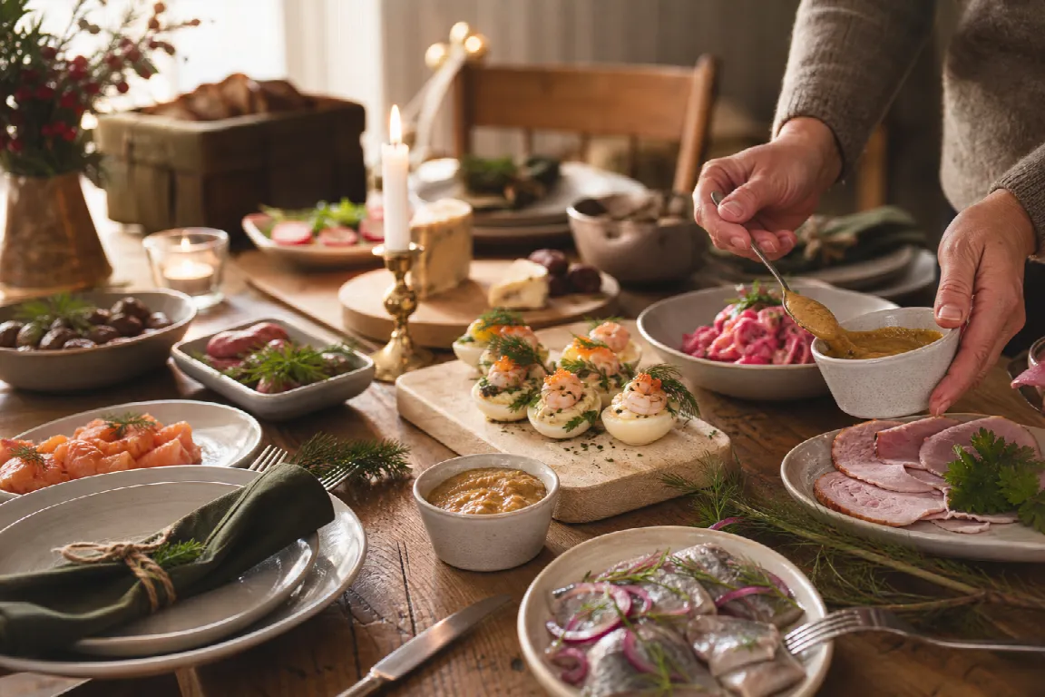 Burk julsenap intill skinka och senapssill på ett julbord