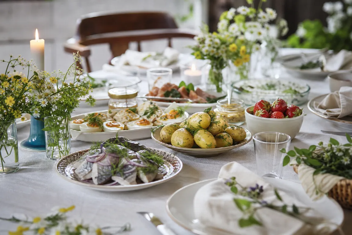 Midsommarbord med matjessill, färskpotatis och färska jordgubbar
