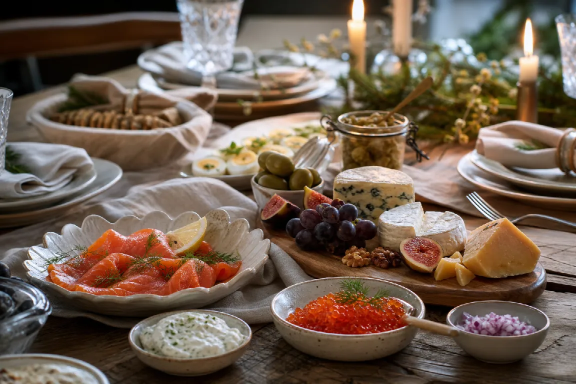 Elegant nyårsbord med fisk, fiskrom och en ostbricka