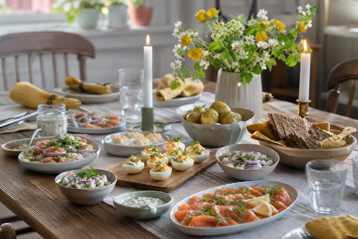 Påskbord med kokta ägg, sillfat och skivor av gravad lax