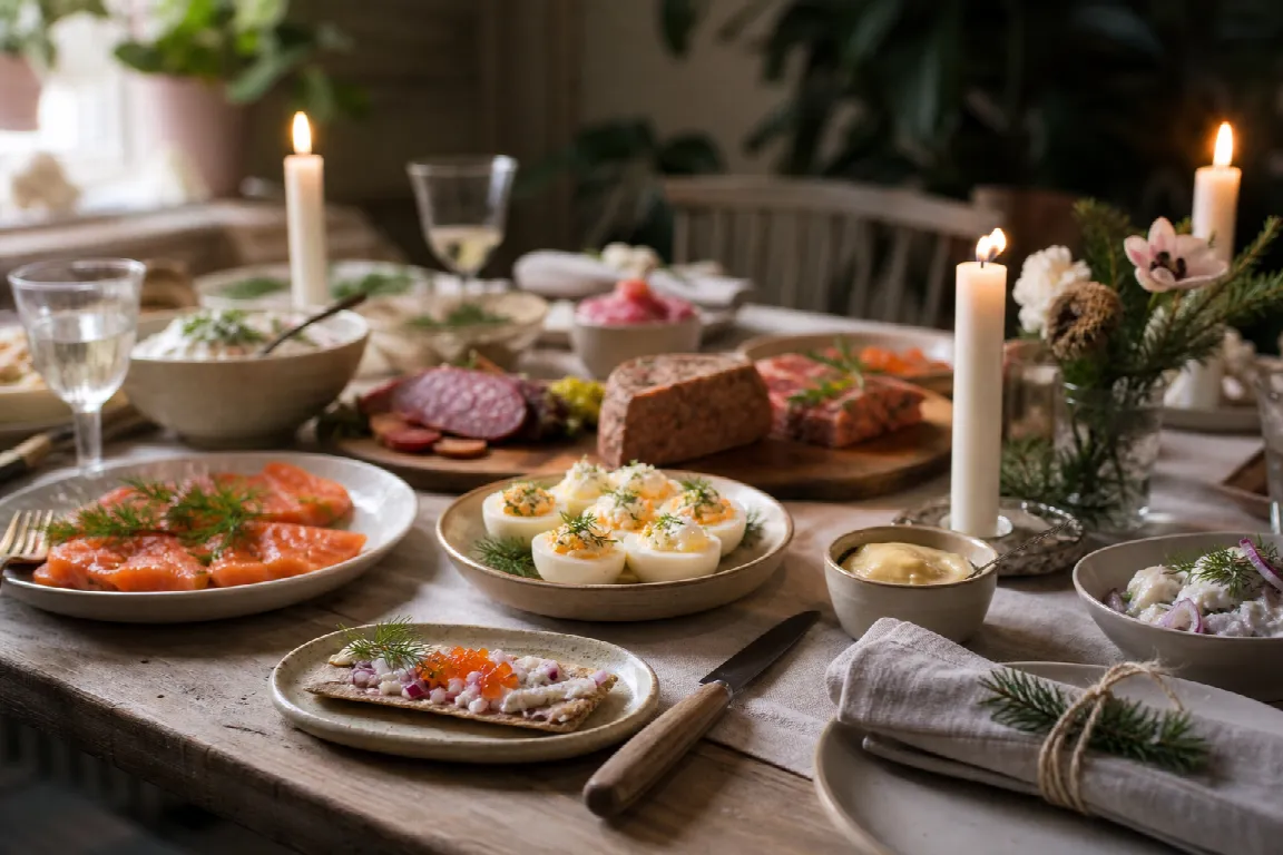 Dukat bord med säsongsanpassade svenska delikatesser till en högtid