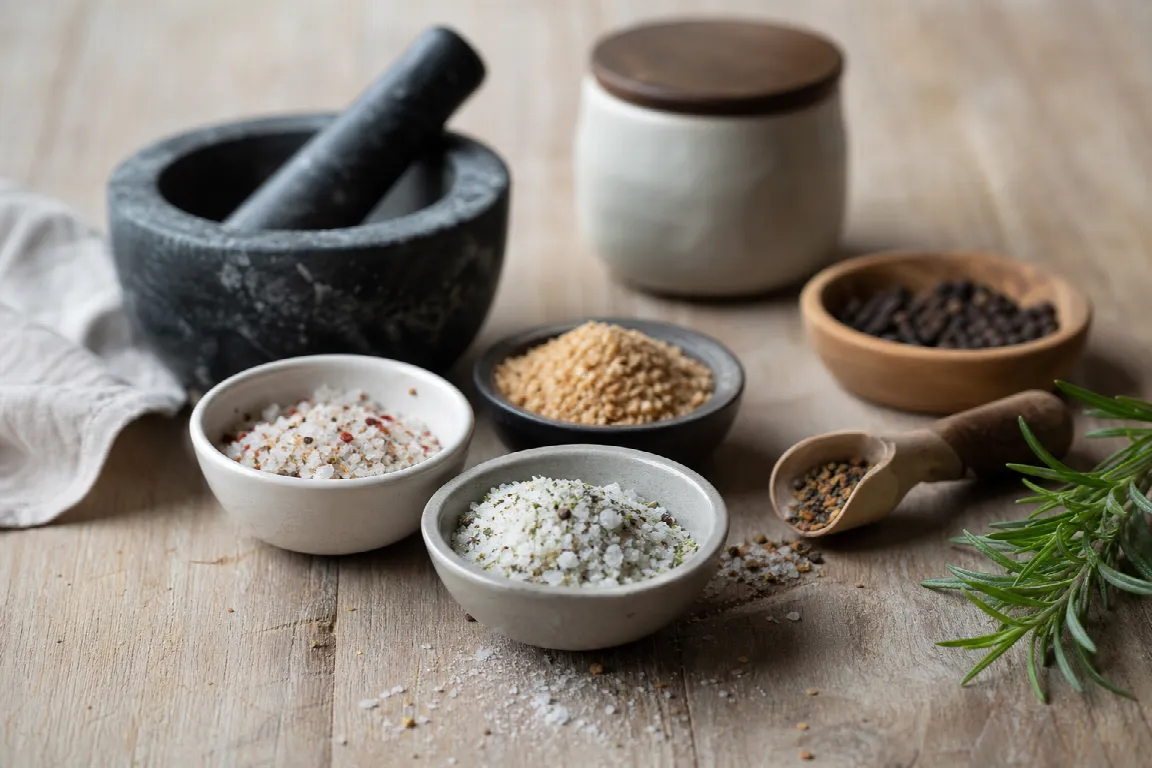 Skålar med smaksatt salt i olika färger, bland annat med inslag av örter och chili