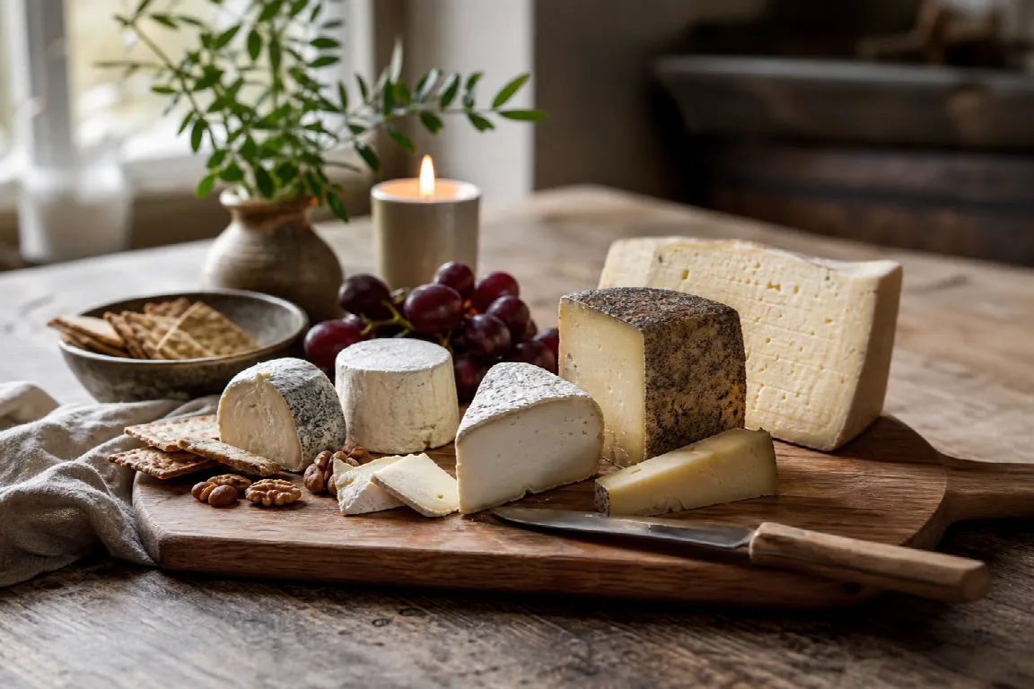 Krämig svensk chèvre och källarlagrad getost på tallrik