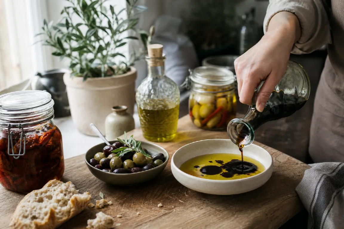 Mörk balsamvinäger hälls från en liten flaska ner i en skål