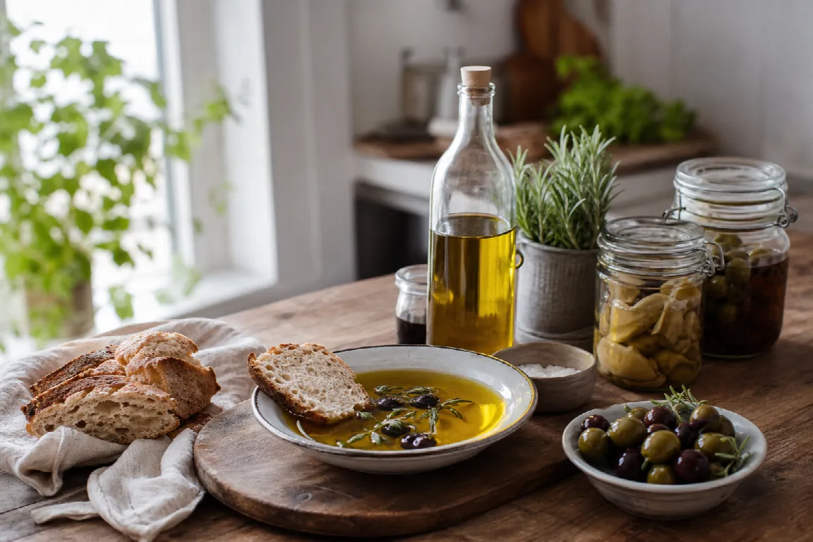 Flaska extra jungfruolivolja hälls upp i en liten skål med bröd bredvid