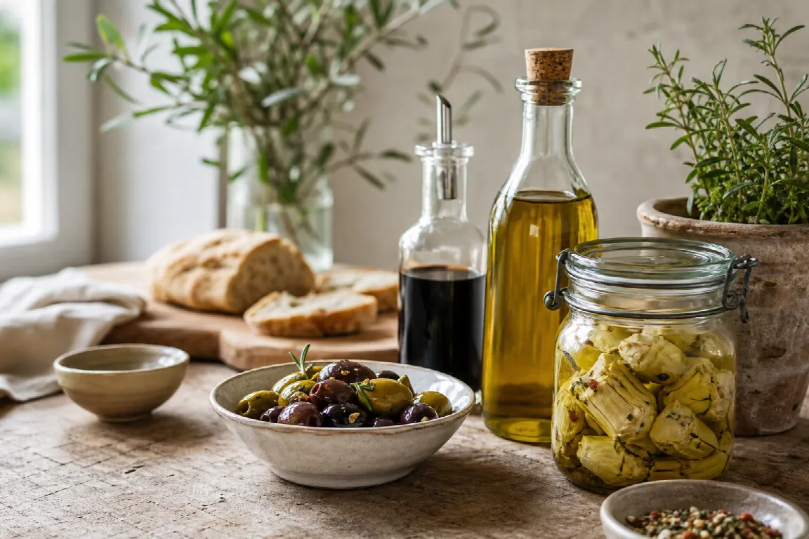 Skafferihylla med olivolja, vinäger och andra delikatesser i glasflaskor