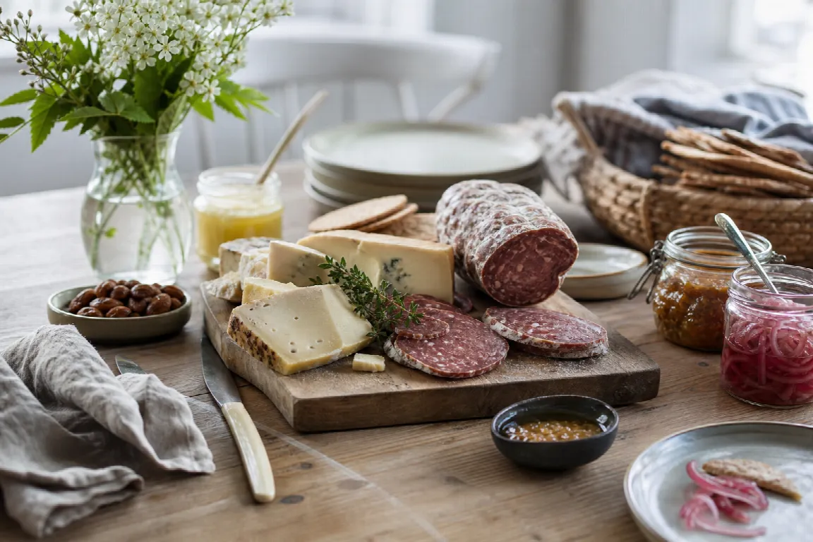 Uppdukat bord med svenska delikatesser: ost, chark, sylt och rökt fisk