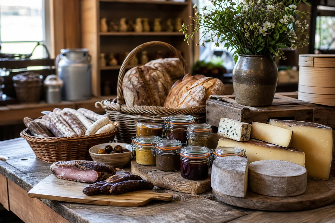 Utställning med olika svenska delikatessprodukter i glasburkar och paket