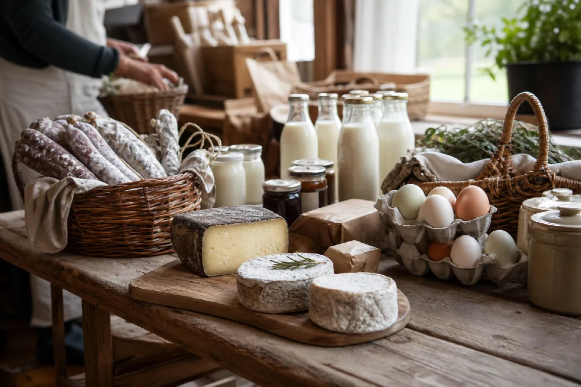 Gårdsbutikshylla med mejeriprodukter, sylt och grönsaker i lådor