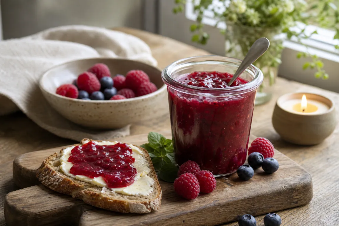 Flera små burkar med delikatessmarmelad i olika färger på ett serveringsfat