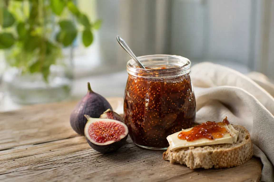 Burk med mörk fikonmarmelad bredvid halverade färska fikon