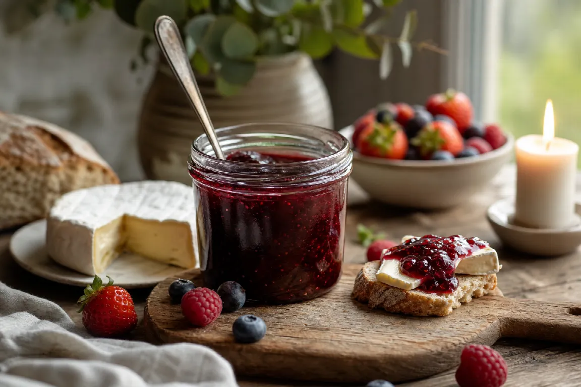 Ostbricka med flera sorters marmelad, kex och lagrad ost