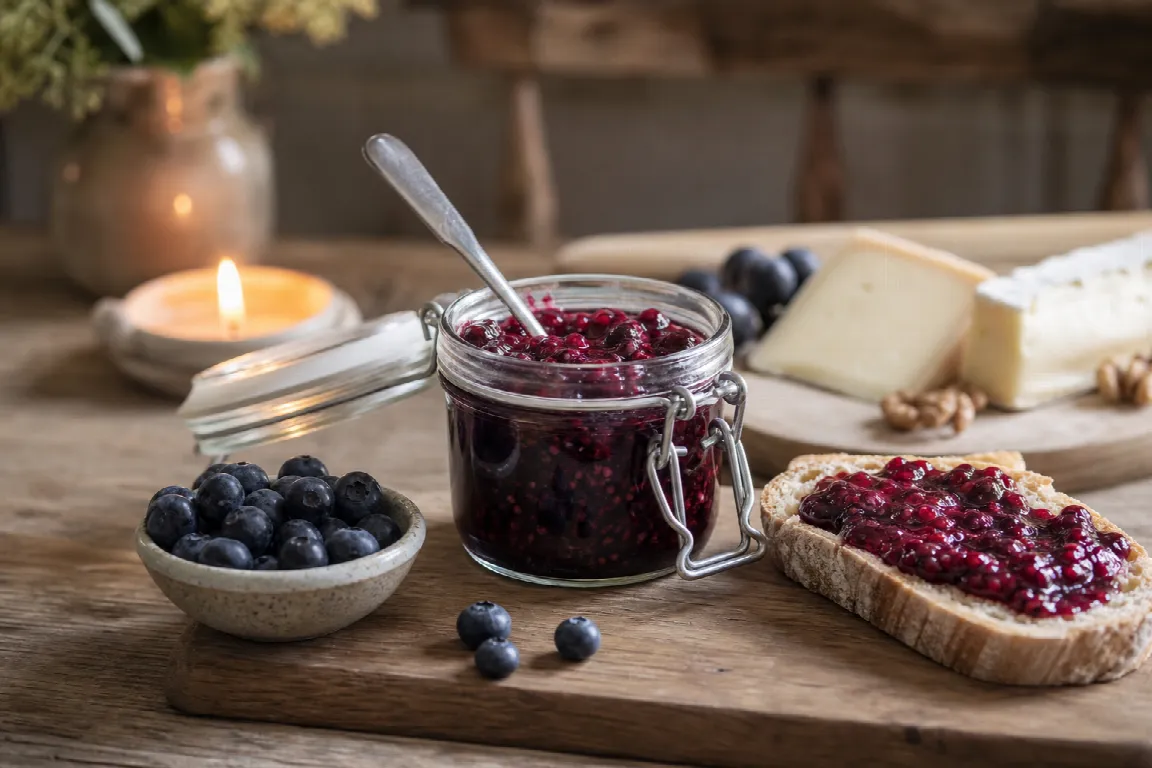 Uppdukade glasburkar med sylt och marmelad i olika färger