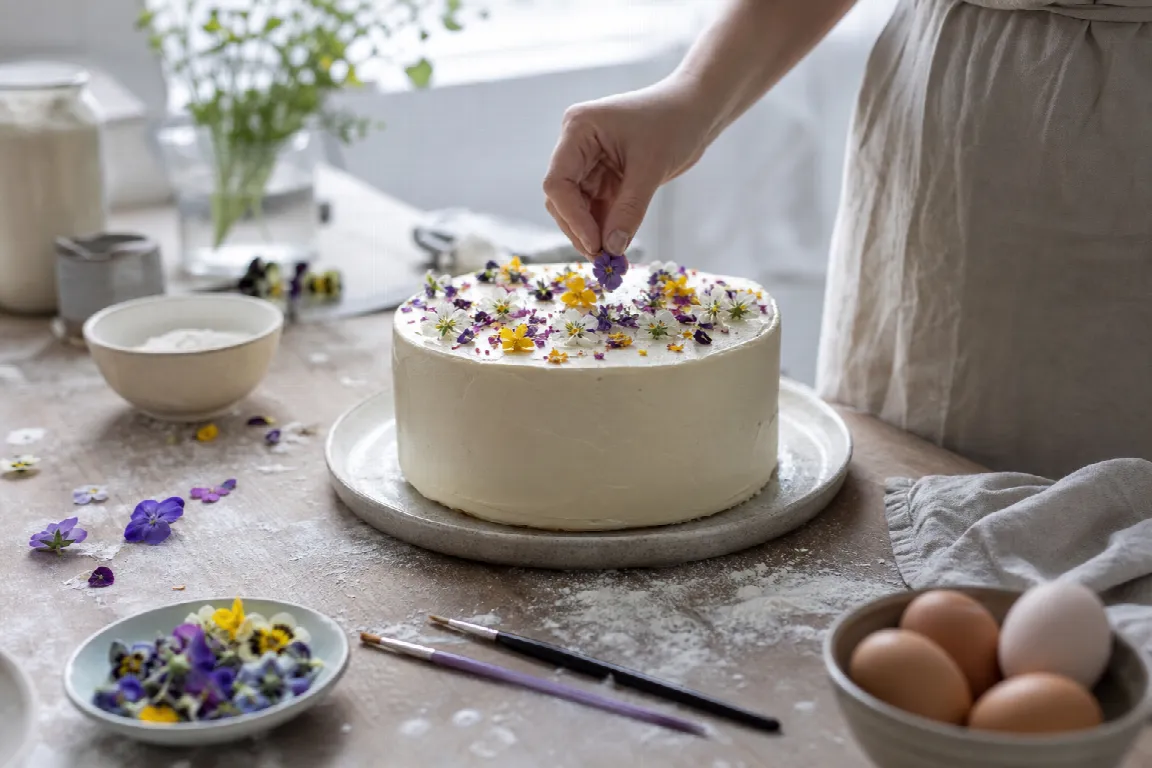 Tårta dekorerad med ätbara sockerblommor, chokladflisor och strössel