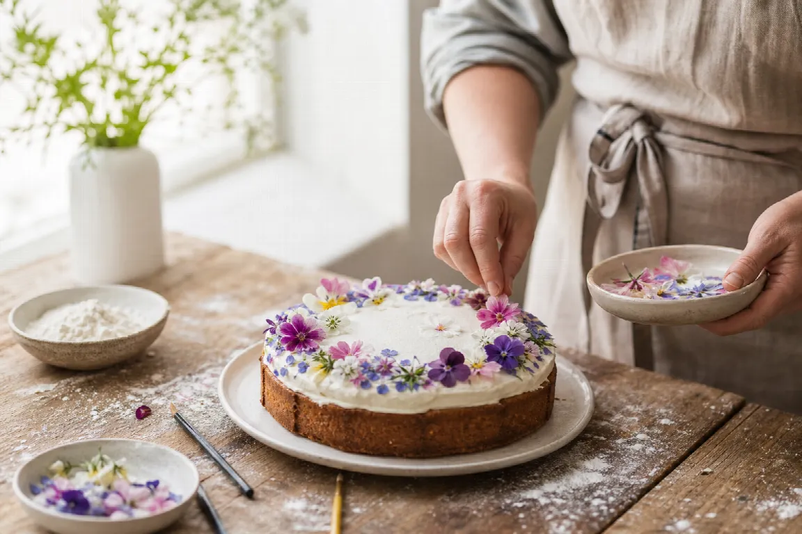 Tårta dekorerad med riktiga ätbara blommor som ringblomma och viol