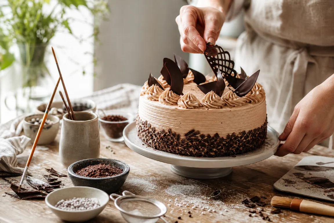 Tårta dekorerad med chokladspiraler och chokladflisor