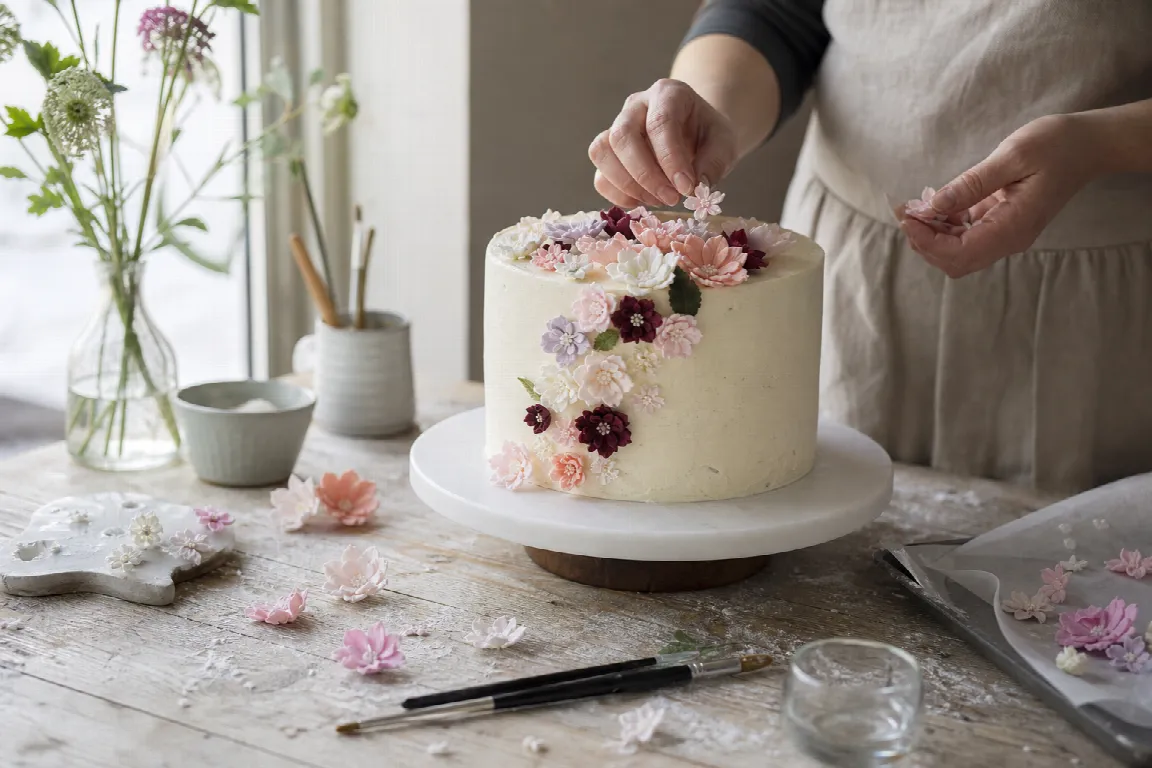 Handformade sockerblommor i rosa och vitt läggs på en tårta