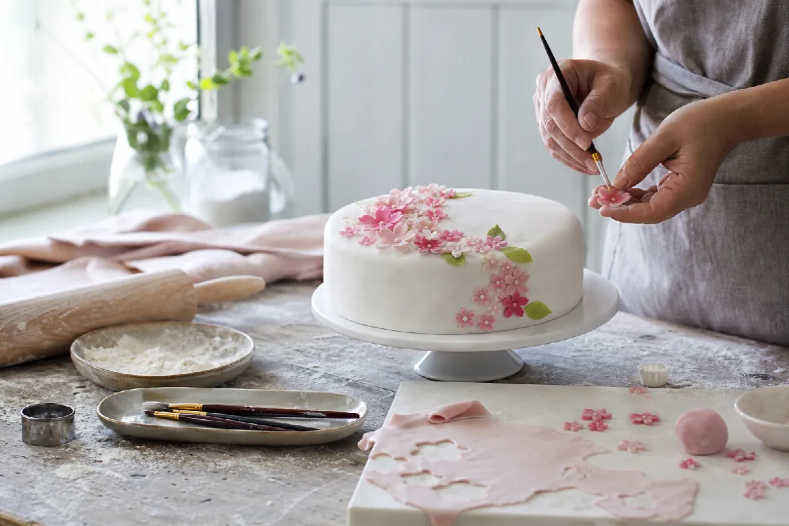 Rulle sockerpasta i vitt och rosa bredvid en kavel