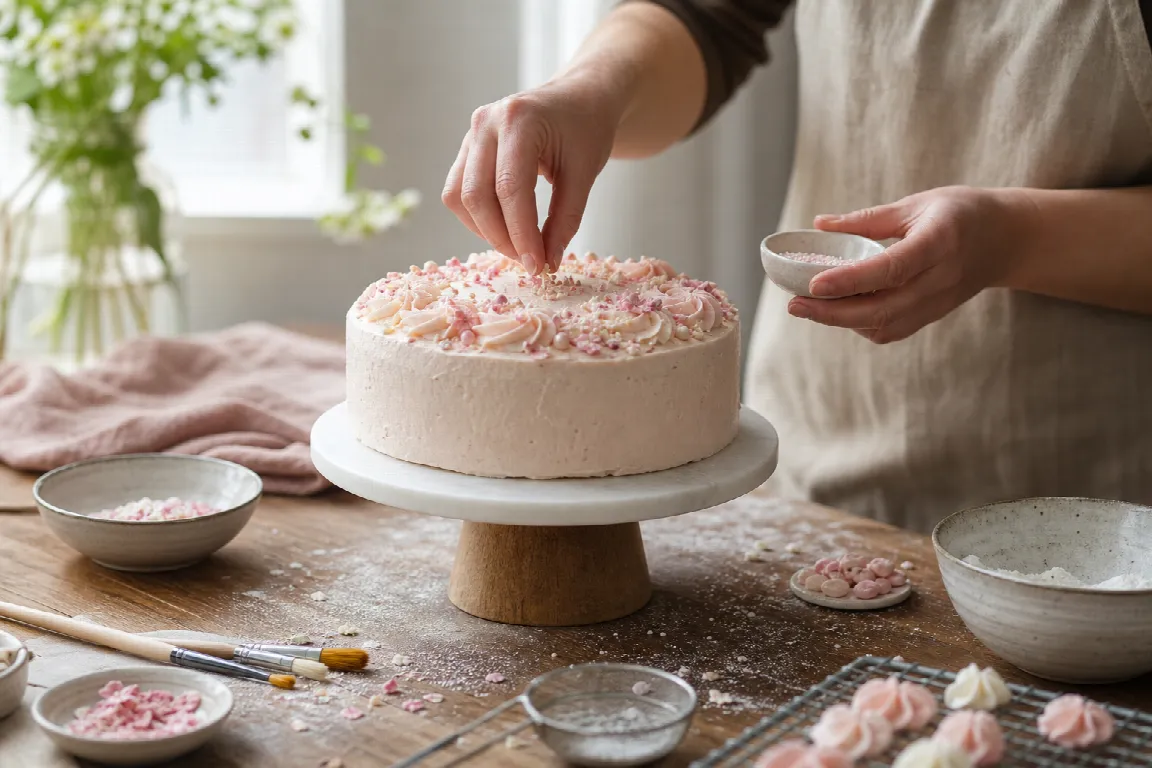 Tårta med sockerblommor, chokladdekor och tårtljus uppdukad på ett bord